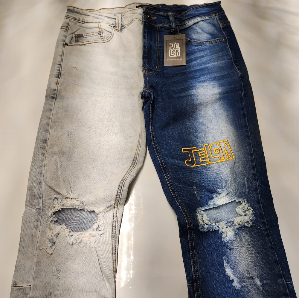 Jelon Two Tone Denim Ripped$Repair Jeansđź‘– - Picture 4 of 10